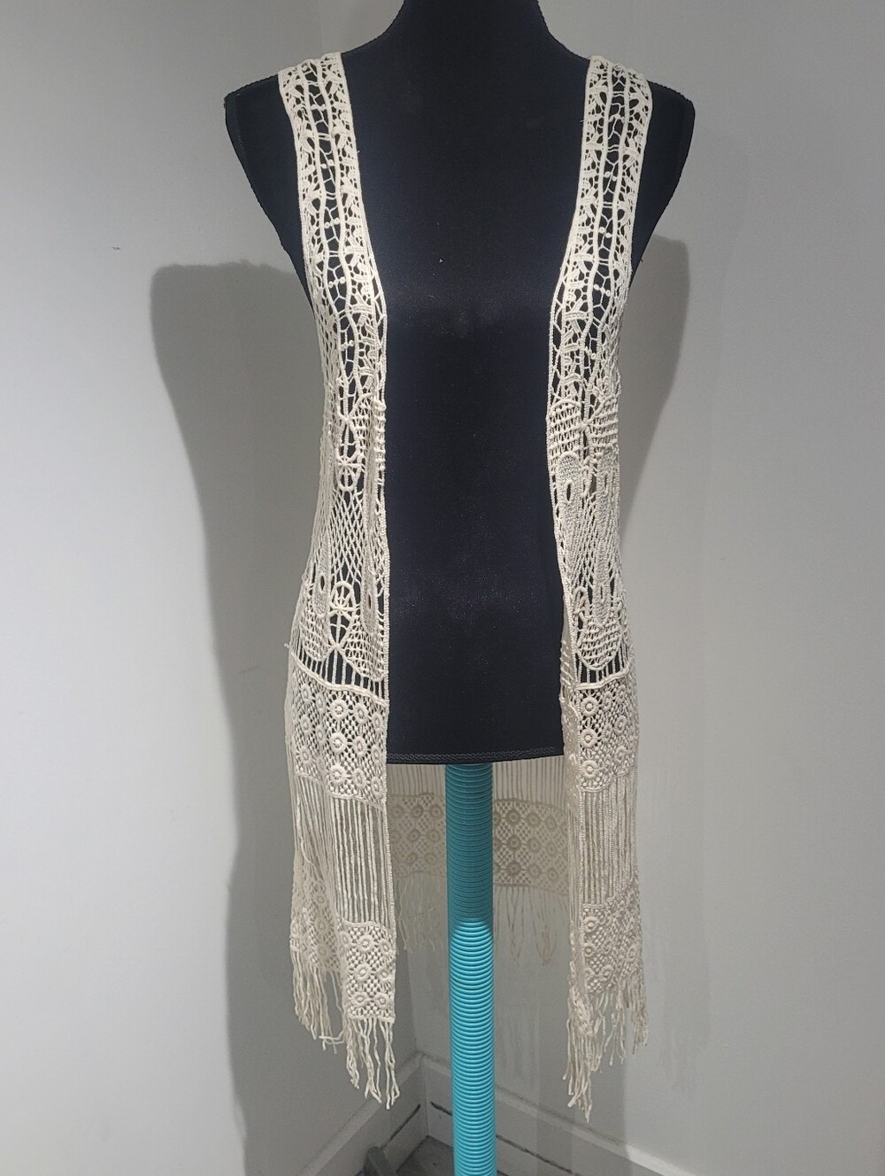 Crochet Women's Open Front Fringed Duster Vest Cream Boho Coastal Cowgirl Hippie